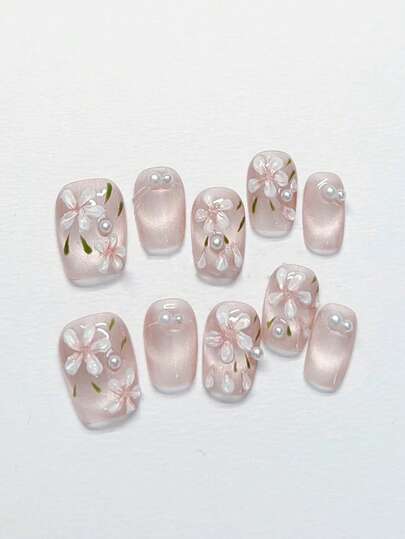 10片手绘3D花朵造型仿珍珠装饰优雅猫眼美甲贴片，淡粉色手工高级美甲，春夏美甲