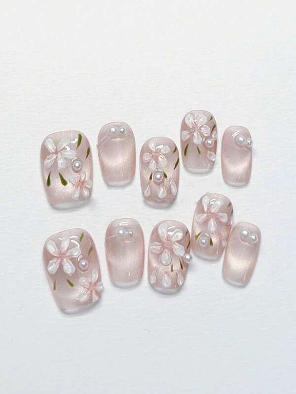 10pcs Hand-Painted 3D Flower Style Pearl Decorated Elegant Cat Eye Nail Tips, Pastel Pink Handcrafted Premium Nail Art, Spring/Summer