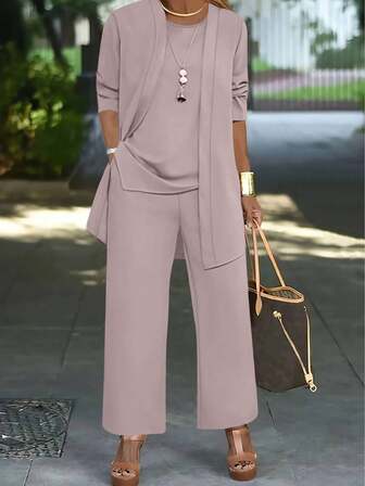 Damset med 3 delar: Enfärgad, avslappnad jacka/kofta + rund halsringad ärmlös topp + raka byxor med resår i midjan och hängande fickor, höst/vår/vinter