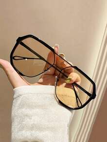 1 件装新款时尚无缝双桥女士眼镜，大镜框，适合街头风格，盾形太阳镜 - 黑框香檳片 - 查看 4