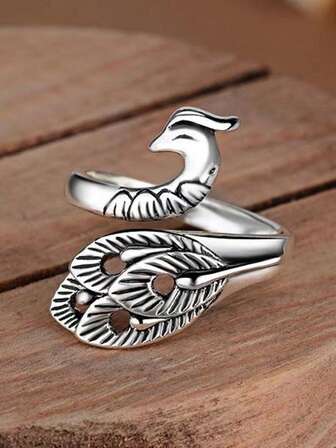  1 pieza Anillo de pavo real vintage de plata, anillo de dedo abierto con diseño de pluma minimalista y creativo para mujeres, joyería de uso diario de material de cobre