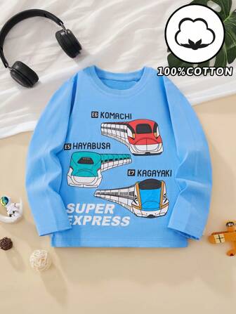 Little Bitty Young Boys Cartoon Train Print Long Sleeve T-Shirt, Fashionable & Minimalist Style For Autumn
