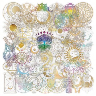 50 张金色贴纸 非全息太阳贴纸 太空贴纸 美学贴纸 天文贴纸 行星贴纸 天体贴纸 透明贴纸 乙烯基防水贴纸 适用于水瓶、笔记本电脑、手机、滑板、剪贴簿、日记礼物