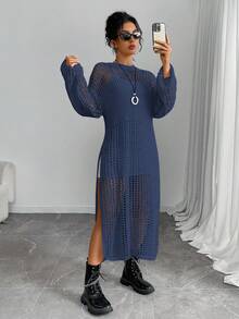 Plus Size Solid Color Casual Maxi Hollow-Out Knitted Skirt - Royal Blue - View 5