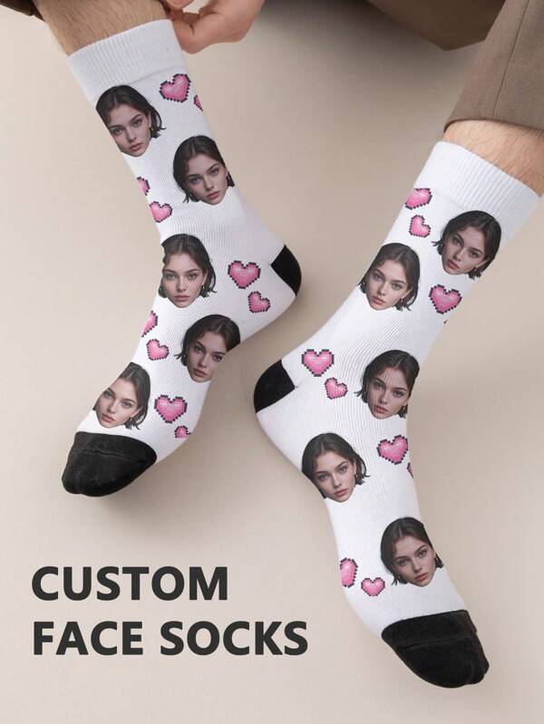 1 Pair Of Customized Face Men's Mid Tube Socks, Put Any Face On Socks, Personalized Socks For With Photos, Interesting Customized Picture Pairs With Medium To Long Socks