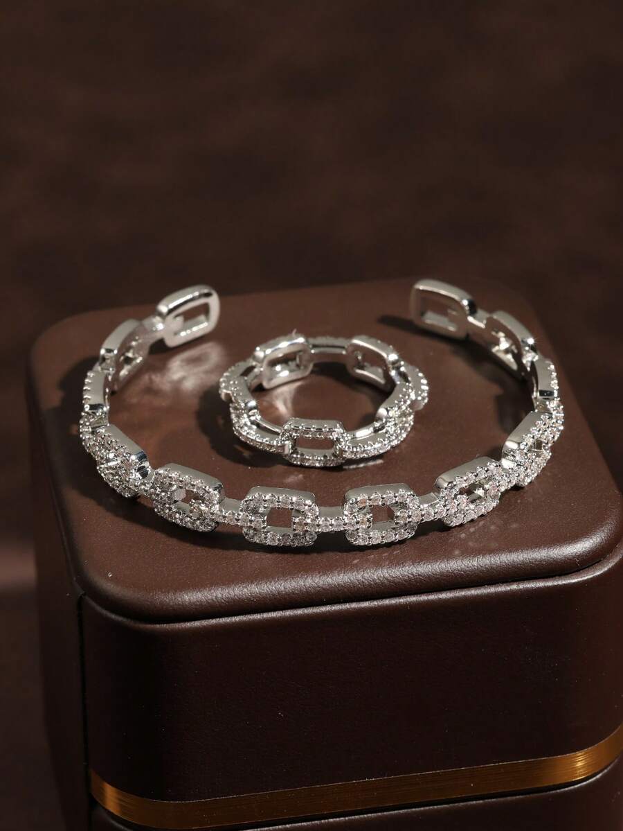 rakol 2pcs Elegant Cubic Zirconia Decorated Chain Bracelet And Ring Set