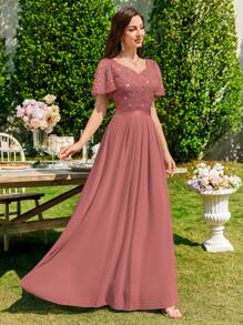 MIUSOL Contrast Sequin Lace Sweetheart Neck Flounce Sleeve Evening Party Long Dress Elegant Formal Prom Wedding Guest Gown, For Graduation, Dinner