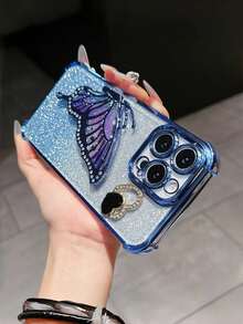 [3D 蝴蝶支架] 渐变闪亮手机壳，心形和水晶链，通用兼容 Apple 16/15/14/13 Pro Max、S23/S22、Redmi Note 12，防滑闪亮美学保护套 - 藍色 - 查看 2