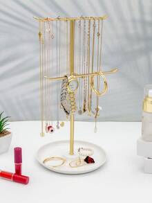 1pc Elegant Jewelry Storage Rack 2-Layer Display Stand, Used For Earrings, Necklaces, Ring Tray, Spacious , Easy To Assemble, White And Gold - Multicolor - View 6