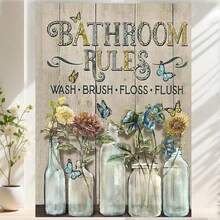 Framed 1PC Room Decor Farmhouse Bathroom Wall Art Flower Butterfly Floral Pictures Wall Decor Bathroom Rules Mason Jar Canvas Painting Print Artwork Modern Home Decor  For Bathroom - Framed - View 1
