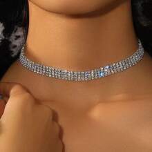 4-Strand Crystal Rhinestone Necklace, Fashionable Party Evening Jewelry - Silver - View 8