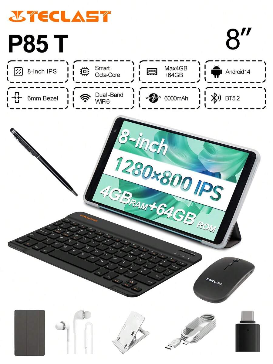 Teclast 台电 P85T 平板电脑(全志 A523 八核 1.8GHz 处理器/4GB 内存/64GB 存储/8 英寸 800*1280 IPS 显示屏/WIFI6/蓝牙 5.0/5000mAh 电池/Type-C 接口/30MP + 2MP 双摄像头/Android 14 系统)含键盘和配件套装 - 藍色 - 查看 1