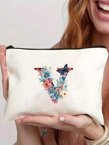 26 Letter & Floral Canvas Zipper Pouch - Lightweight Foldable Makeup Bag, Washable White Cosmetic Pencil Case, Suitable For Women, Mothers & Daughters - Perfect Gift For Graduation, Wedding, Holiday - Multicolor - View 9