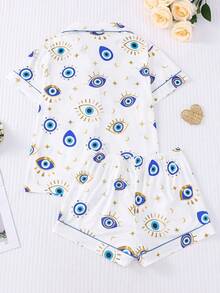 2pcs Spring Eye Print Party Women Pajama Set, Short Sleeve Collared Cardigan Top And Elastic Waist Shorts, Casual All Season Women Sleepwear & Loungewear Outfit