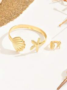 1 Set Beach Starfish & Seashell Bracelet & Ring Set, Fashionable Vacation Accessories For Everyday Women Wear - Gold - View 2