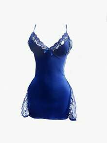 1 pieza Camisón sexy, lencería de seda de leche con adorno de encaje cómoda para salir - Azul - Ver 6