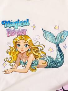 2 pièces/set Top à manches courtes avec imprimé princesse fantaisie et jolie jupe sirène en maille dégradée multicolore à écailles de poisson pour petites filles