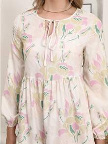 Floral Print Tie-Back Patchwork Ruffle Hem Arabic Dress, Modest - Multicolor - View 6