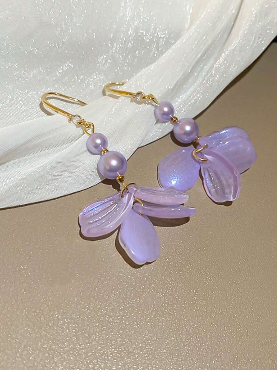 2pcs Unique Design Delicate Earrings, Vintage Purple Floral Tassel Charm Drop Earrings - Purple - View 1