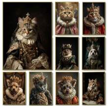 1 Pc Optional Frame Posters Wall Arts Animals Renaissance Royal Pet Portrait Photo Poster Funny Animal Wear Crown Canvas Painting Wall Art For Living Room Home Decor Mural ,Wall Art With Frame