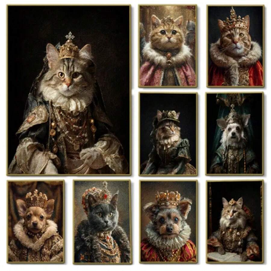 1 Pc Optional Frame Posters Wall Arts Animals Renaissance Royal Pet Portrait Photo Poster Funny Animal Wear Crown Canvas Painting Wall Art For Living Room Home Decor Mural ,Wall Art With Frame