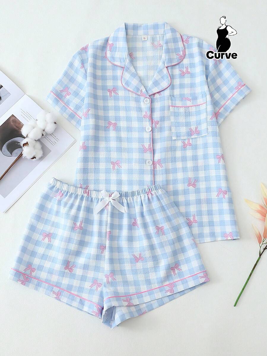 2pcs/Set Plus Size Women's Blue & White Plaid Bow Print Short Sleeve Collared Top With Pocket And Bow Shorts Pajamas Loungewear Set, Spring/Summer, Outfits