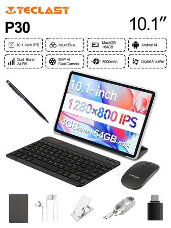 Teclast Teclast P30 Tablet Allwinner A523 8-Core 1.8GHz/ 4GBRAM/64GB ROM/10.1inch 1280*800iPS/WIFI/6000mAh/Type-C/5MP+2MP Camera/Android 14)Keyboard,Accessories Bundle Case