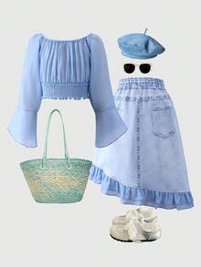 2件套女童休闲印花半裙和短袖上衣，夏季 - 淺色水洗藍 - 查看 3