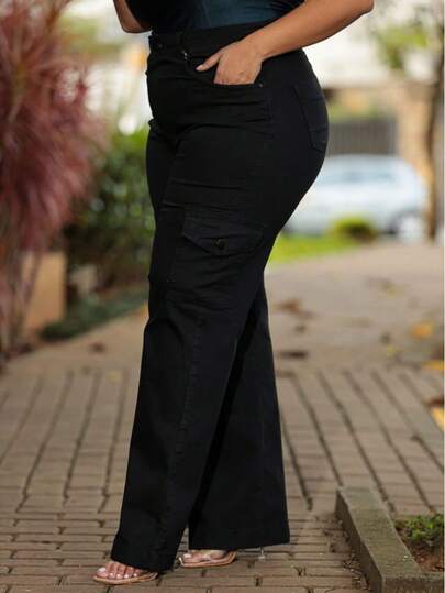 Calça Wide Leg Jeans Preta Cintura Alta C/ Elastano