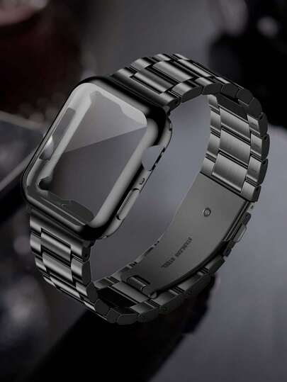 2pcs Black Stainless Steel Metal Adjustable Apple Watch Band + TPU Protective Case & Screen Protector Compatible With Apple Watch Ultra 3 2 1 Series 10/9/8/7/6/5/4/3/2/1, 38mm 40mm 41mm 42mm 44mm 45mm 46mm 49mm, Suitable For Men & Women