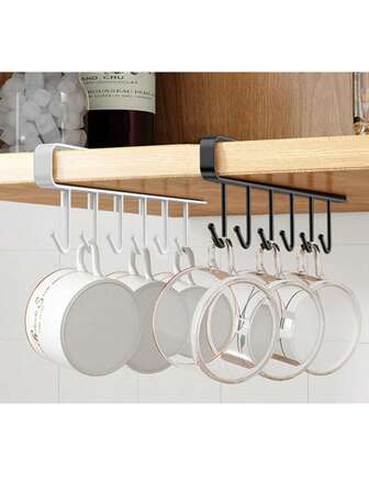 6-Hooks Cabinet Rack, Adhesive Kitchen Organizer Rack, Kitchen Hook Rack, No Drilling Wall Mounted Utensil Holder, Cabinet Hanging Spoon Spatula Rack