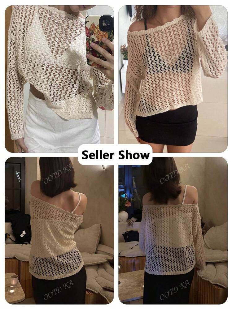 كنزة صوفية فضفاضة كاجوال مفرغة للنساء، بأكمام طويل...