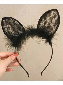 1 pièce Serre-tête élégant pour femmes avec oreilles de chat, dentelle et plumes moelleuses - accessoire cheveux en polyester non extensible pour le cosplay, les soirées déguisées, les événements extérieurs | Bandeau mode pour femmes (noir/blanc)