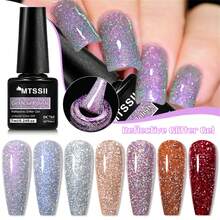 Mtssii 7ml Champagne Gold Sliver Reflective Nail Gel Polish Sparkling Shining Glitter Pink Red Color Nail Supplies Semi Permanent Soak Off UV Gel Varnish Sparkle Effect Nail Art Manicure - 彩色 - 查看 6