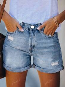 Cross-Border American Street Style New Summer Versatile Vacation Style Loose Simple Casual Hem Worn Solid Color Washed Women's Jeans