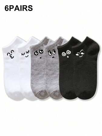 1 Pair/6 Pairs Set Cute Funny Unisex No-Show Socks In Black, White And Grey Colors With Patterns, Fashionable And Suitable For Daily Wear