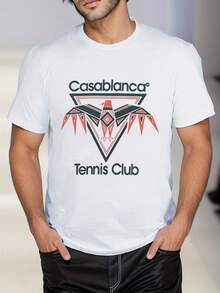 Camiseta blanca para hombre con estampado del Club de Tenis C asablanca ,220 g/m², nueva camiseta informal de verano de algodón con cuello redondo y manga corta (1 unidad) - Blanco - Ver 1