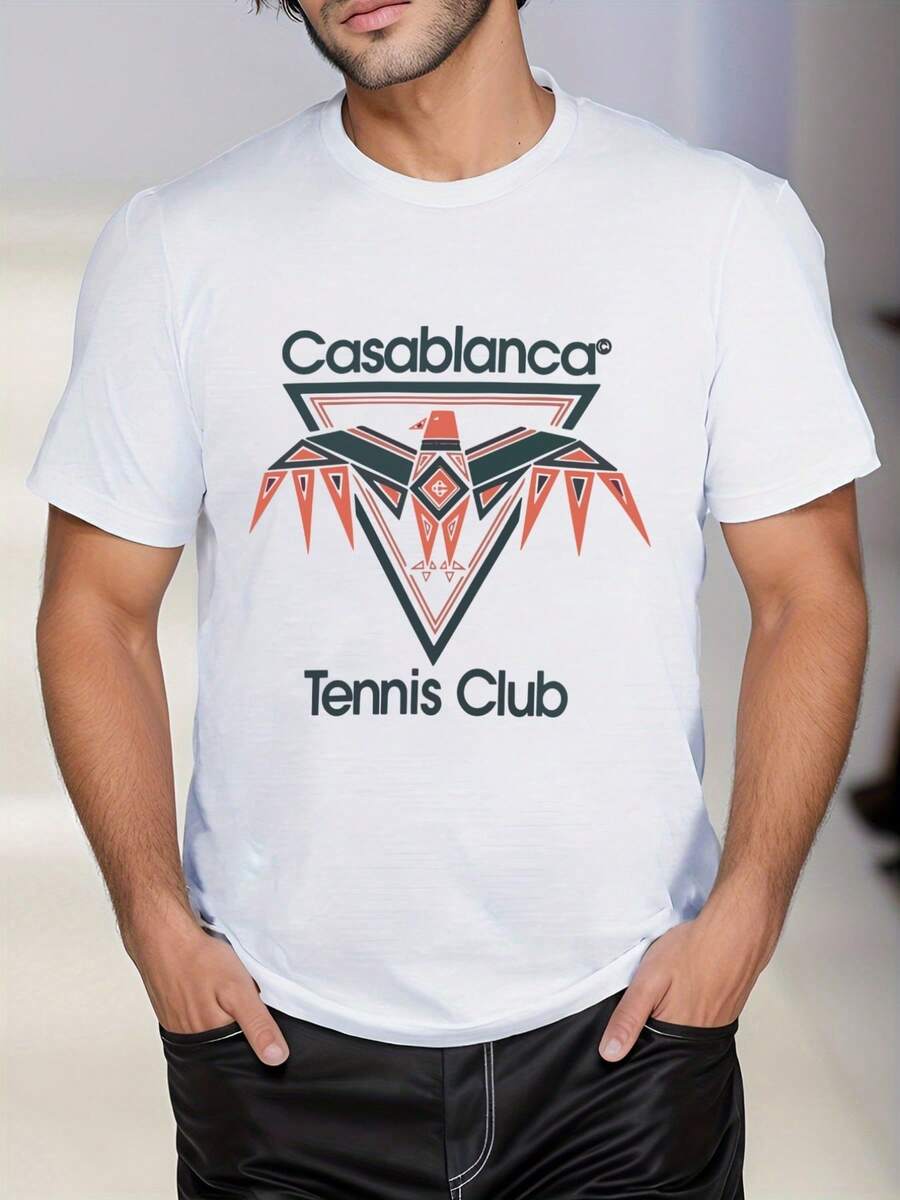 Camiseta blanca para hombre con estampado del Club de Tenis C asablanca ,220 g/m², nueva camiseta informal de verano de algodón con cuello redondo y manga corta (1 unidad) - Blanco - Ver 1
