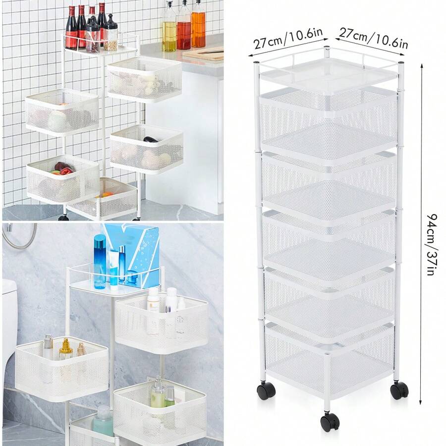 OYAJIA Rotating Storage Rack For Kitchen, 6 Tier Fruit And Vegetable Storage For Kitchen Rotating Storages Rack With Wheels, Cart Space Saver Potatoes Fruit Basket, Bathroom Storage Rack, Black / White - White - View 1
