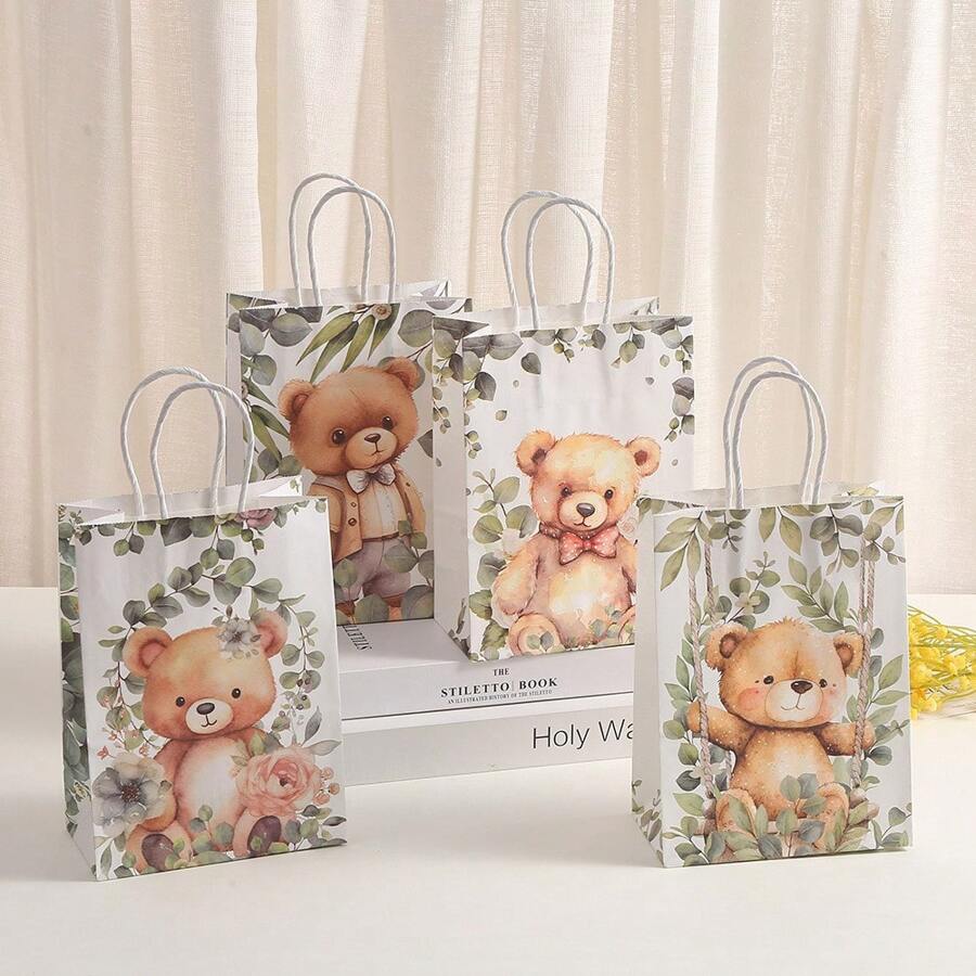 24/1 Set Forest Tiger, Bear, Lion, Leopard Animal Kraft Paper Gift Bags, Birthday Party Favor Bags With Handles