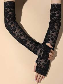 1 Pair Sweet Lace Fingerless Long Arm Sleeve, Thin & Breathable UV Protection, Stretchy & Sexy, Covering Scars & Tattoos, Suitable For Driving - Black - View 3