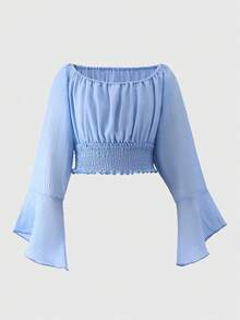 2件套女童休闲印花半裙和短袖上衣，夏季 - 淺色水洗藍 - 查看 6