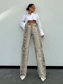 SQUALO Pantalones vaqueros de pierna ancha con estampado de serpiente estilo occidental para mujer