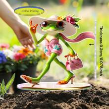 1pc 2D Bohemian Frog Garden Stake - Waterproof Acrylic Outdoor Decor With Pink Umbrella And Surfboard Design, Great For Patio, Planter And Graduation Decoration, Frog Garden Decor