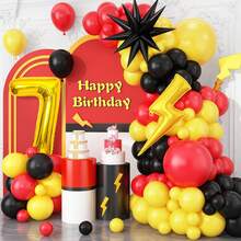5, 6, 7, 8, 9, 10, 11, 12 Years Old Birthday Red, Black, Yellow Latex Balloon Arch Set & 32" Gold Numeral & Yellow Foil Balloon Set, Cartoon Theme, Birthday Party Decoration