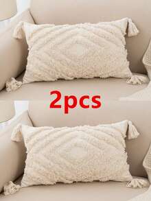 1pc/2pcs Beige Diamond Pattern Throw Pillow Cover, Bohemian Nordic Style Canvas Tufted Fringe Decorative Cushion Cover For Bedroom, Living Room, Sofa, Car, Patio, Garden, 30*50cm, 45*45cm, Seasonal Use - Beige - View 9