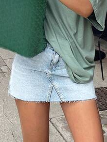 Spring/Summer Women's Washed Stretch Denim Mini Skirt, Perfect For Valentine's Day Outfits - Blue - View 3