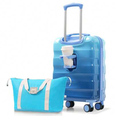 20" Carry-On Luggage With Cup Holder  Lightweight Glossy Hardshell Suitcases With Spinner Wheels, TSA Lock, Airline Approved, 2 Piece Set