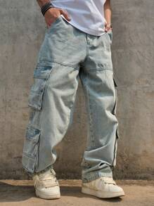 Jeans cargo para hombres con múltiples bolsillos y efecto desgastado, pantalones rectos informales