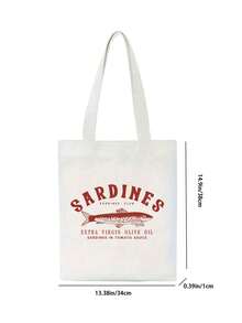 印有复古沙丁鱼和趣味字母“特级初榨橄榄油番茄沙丁鱼”的涤纶手提包兼化妆包 - 轻便、可折叠、敞口设计，饰有醒目的沙丁鱼罐头图案，可用作单肩包、书包、大容量超市购物袋、充电器收纳包、浴室收纳包，是送给女性、朋友和老师的完美礼物。